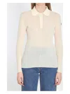 Moncler White Ribbed Polo Shirt With Logo Patch Applied On The Sleeve In Cotton Blend Woman In White