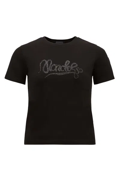 Pre-owned Moncler Women's  Embroidered Calligraphy Logo Cotton T-shirt In Black
