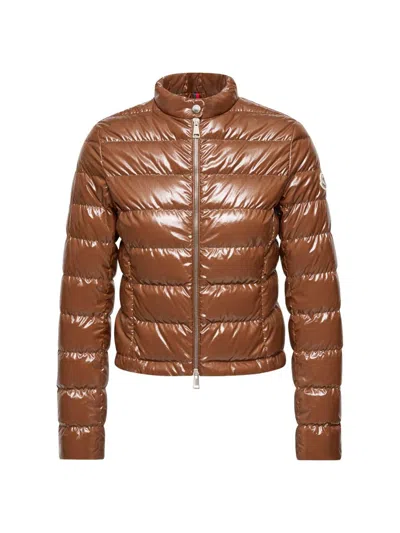 Moncler Papillon Short Down Jacket With Glossy Finish In Brown