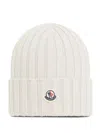 Moncler Ribbed-knit Logo-patch Virgin Wool Beanie In Bianco