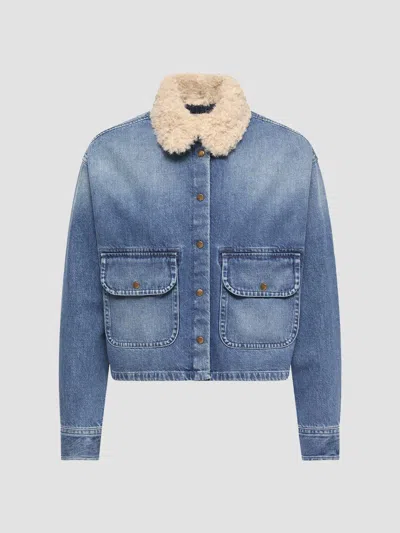 Moncler Teddy Trim Denim Shirt Jacket In Blue