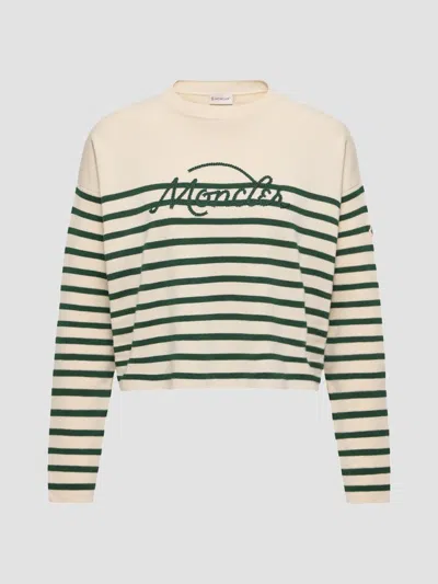 Moncler Women's Sweater In Wool With Stripes In White