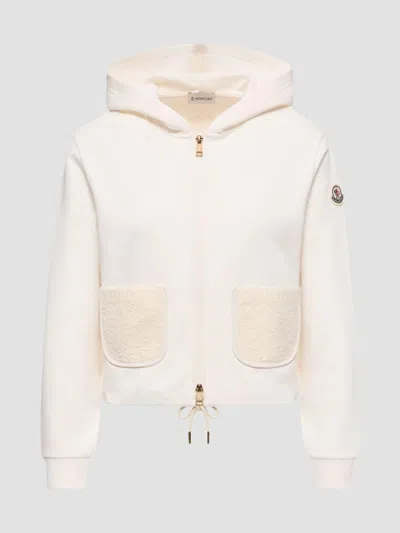 Moncler Cotton Blend Hooded Sweatshirt Snap Pockets In White