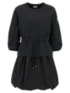 Moncler Black Dress With Elastic Waist And Logo Patch On The Sleeve In Tech Fabric Woman In Black