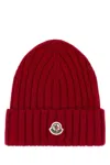 Moncler Cable-knit Wool Beanie With Logo In Burgundy In Red