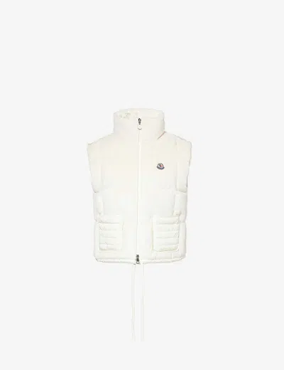 Moncler Womens White Arques Logo-patch Relaxed-fit Faux-fur Down Gilet