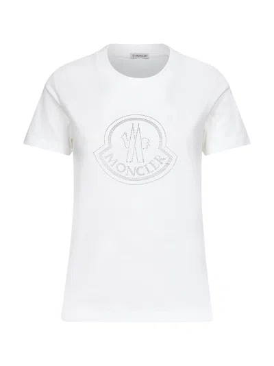 Moncler Women White Cotton Rhinestone Logo T-shirt