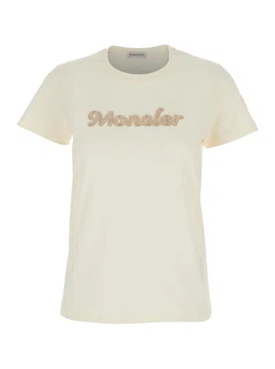 Moncler Women White Logo Crew Neck T-shirt In Neutral