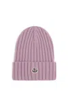 Moncler Logo Patch Rib Wool Beanie In Pink