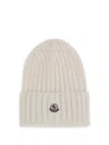 Moncler Ribbed Beanie With Embroidered Logo Detail In White