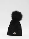 Moncler Ribbed Knit Wool Beanie With Faux Fur Pom-pom In Black