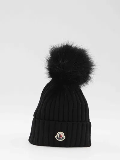 Moncler Women Wool Beanie With Pom Pom In Black