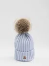 Moncler Ribbed Knit Hat With Fluffy Pom-pom In Blue