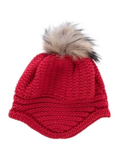 Pre-owned Moncler Women's Wool Cable-knit Fur Pom-pom Beanie In Red