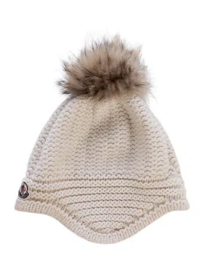 Pre-owned Moncler Women's Wool Cable-knit Fur Pom-pom Beanie In White