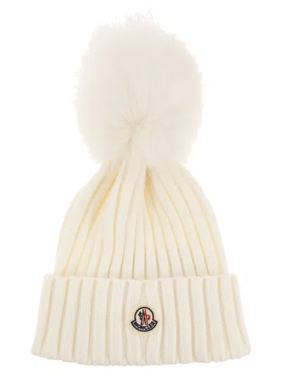 Moncler Women Wool Cap With Synthetic Pompom In White
