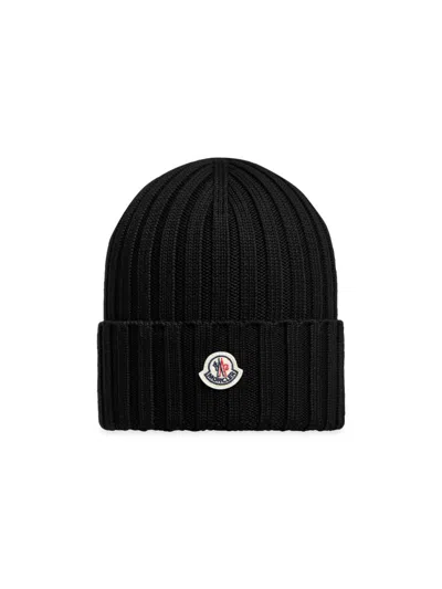 Moncler Women's Wool Ribbed Knit Logo Beanie In Black