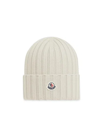 Moncler Women's Wool Ribbed Knit Logo Beanie In White