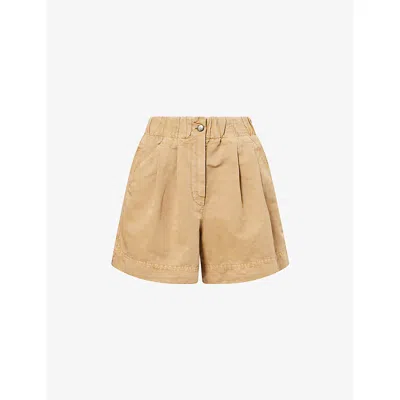 Moncler Womens Beige Logo-embroidered Pleated Cotton And Linen-blend Shorts In Neutral