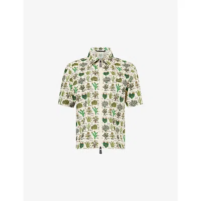 Moncler Womens Bright Green Vegetable-print Short-sleeve Cotton-blend Shirt In Multi
