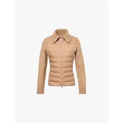 MONCLER WOMENS COGNAC TRICOT CONTRAST-KNITTED SHELL-DOWN CARDIGAN
