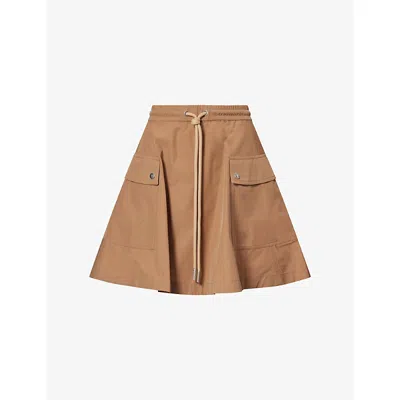 Moncler Womens Flap-pocket Logo-patch Woven Mini Skirt Open Brown