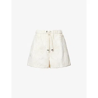 Moncler Womens Light Beige Graphic Embroidered Cotton Shorts In White