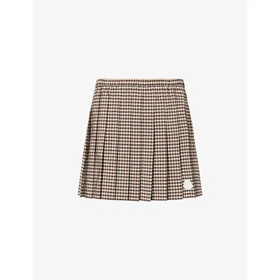 Moncler Womens Light Beige Vichy Pleated Cotton-blend Mini Skirt Xs In Brown