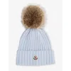 Moncler Womens Light Blue Logo-badge Ribbed Knitted Hat In Blue
