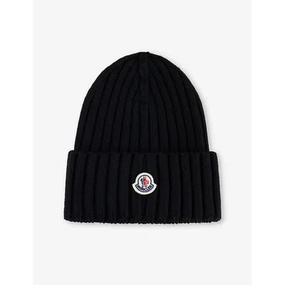 MONCLER WOMENS BLACK BRAND-APPLIQUÉ RIBBED WOOL KNITTED BEANIE