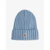 Moncler Womens Turquoise Logo-badge Ribbed Wool Knit Beanie In Blue