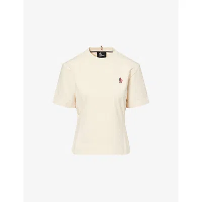 Moncler Womens Natural Logo-patch Contrast Cuff-trim Cotton T-shirt In Brown
