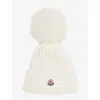 Moncler Womens Natural Logo-patch Ribbed-knit Beanie Hat In White