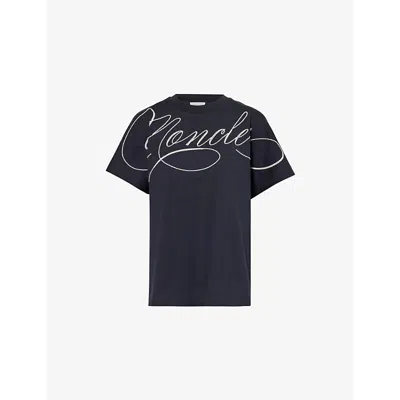 Moncler Womens Script-embroidery Short-sleeve Cotton-jersey T-shirt Navy