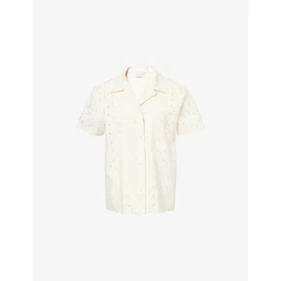 Moncler Womens  Embroidered Camp-collar Cotton-blend Shirt In White