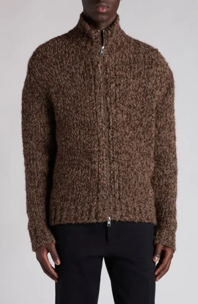 Moncler Wool & Alpaca Bouclé Full Zip Cardigan In Brown