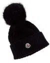 Moncler Ribbed Knit Wool Beanie With Faux Fur Pom-pom In Black