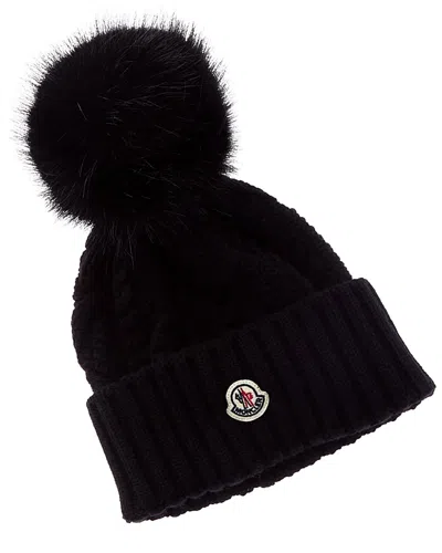 Moncler Ribbed Knit Wool Beanie With Faux Fur Pom-pom In Black