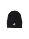 Moncler Ribbed Knit Carded Wool Beanie With Felt Logo Patch In Black
