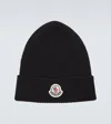 Moncler Logo Patch Virgin Wool Knit Beanie In Black