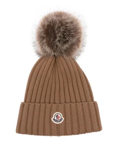 Moncler Wool Beanie Hat In Brown