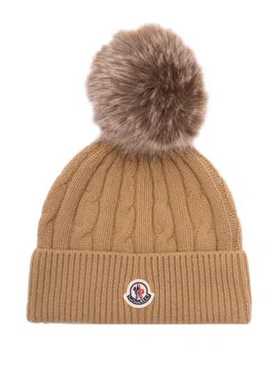 Moncler Wool Beanie Hat In Brown