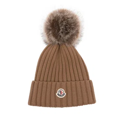 Moncler Wool Beanie Hat In Brown