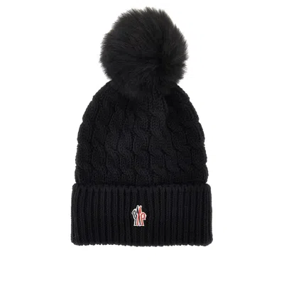 Moncler Wool Beanie Hat With Fur Pompom In Black