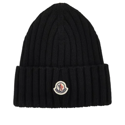 Moncler Wool Beanie Hat With Logo Patch In Black
