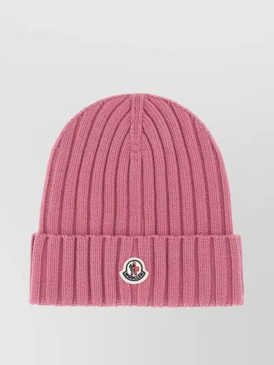 Moncler Wool Beanie Hat With Ribbed Knit And Turn-up Brim In Pink