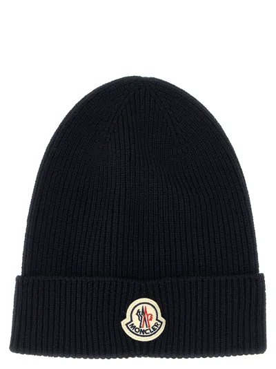 Moncler Wool Beanie Hats Blue In Black