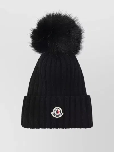 Moncler Wool Beanie Ribbed Texture Pom Detail In Black