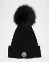 Moncler Wool Beanie With Faux Fur Pom In Black