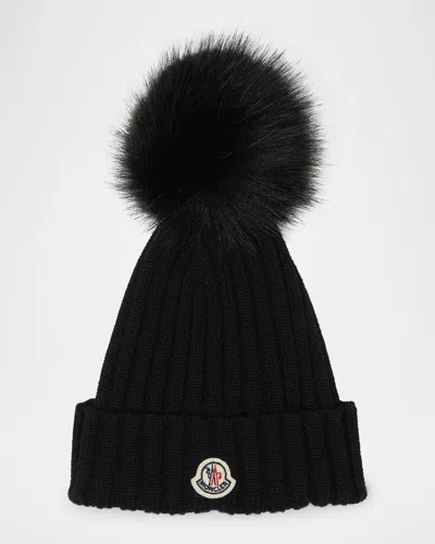 Moncler Wool Beanie With Faux Fur Pom In Black